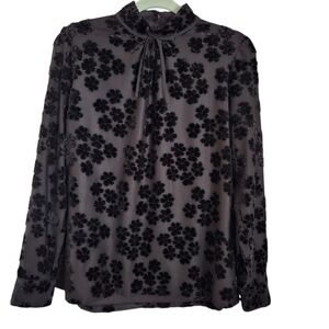 Womens Karl Lagerfeld Paris Floral Mock Neck Blouse Medium Black Pullover